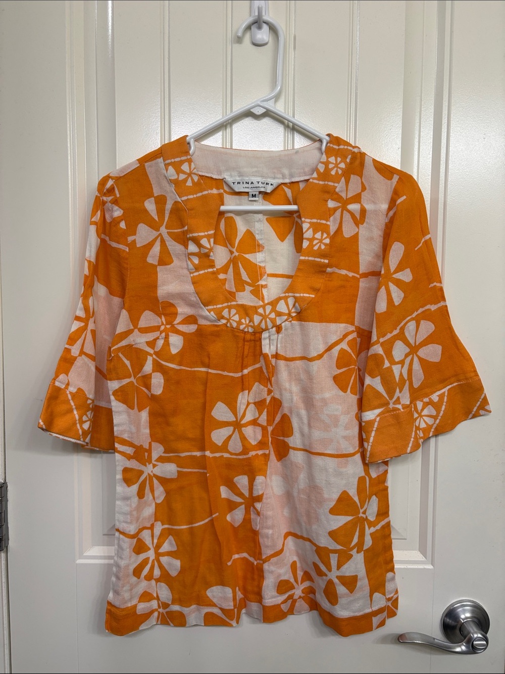 Trina Turk Orange and White Floral Cotton Top boho bell sleeves
